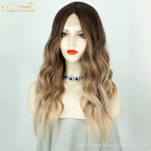Vigorous Factory Light Brown Ombre Dark Roots Lace Front Wigs Middle Part for Black Women Long Body Wave Straight Wig